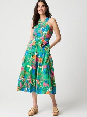 J.Crew Women's Classic Green Printed Tiered Halter Midi Dress Size 8